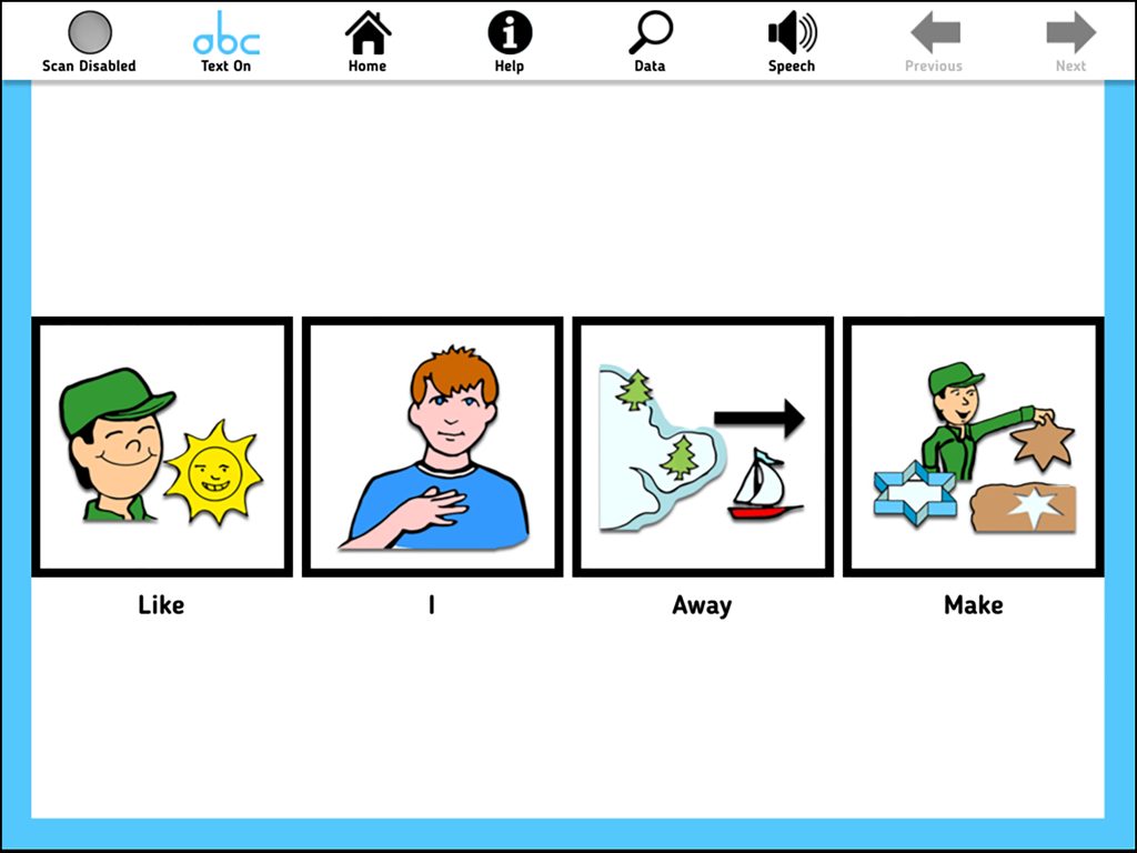AAC Evaluation Genie - iPad interface showing a subtest with four symbol icons labeled Like, I, Away, and Make