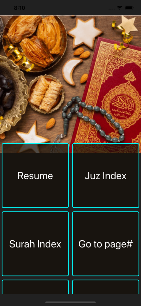 Tajweed Al Quran Kareem 16 Lin - Main menu of Tajweed Al Quran Kareem app featuring navigation buttons and religious imagery
