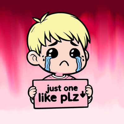 realistic crying boy with a sign saying just one like plz