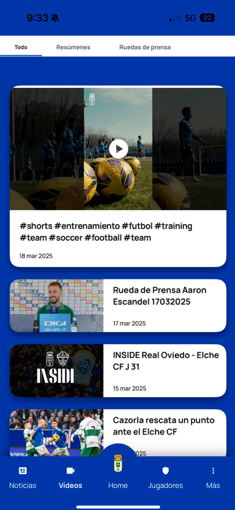 Real Oviedo - Official App - Sección de videos de la app oficial del Real Oviedo con clips de entrenamiento, conferencias de prensa y resúmenes de partidos.