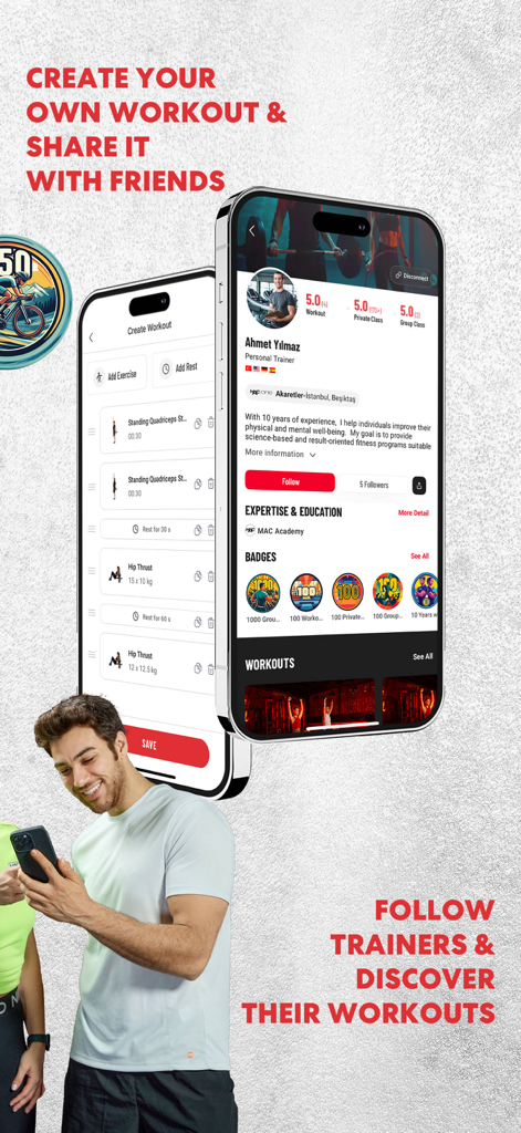 A person using the MAC+ app to create custom workouts and follow professional trainers.