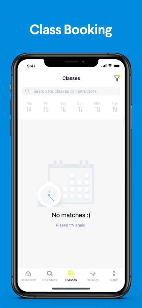 Planet Fitness AU - Pantalla de reserva de clases de la aplicación móvil Planet Fitness AU con una barra de búsqueda y selector de fecha.