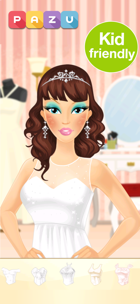 A bride character with makeup and tiara in the Makeup Girls Wedding Dress up game