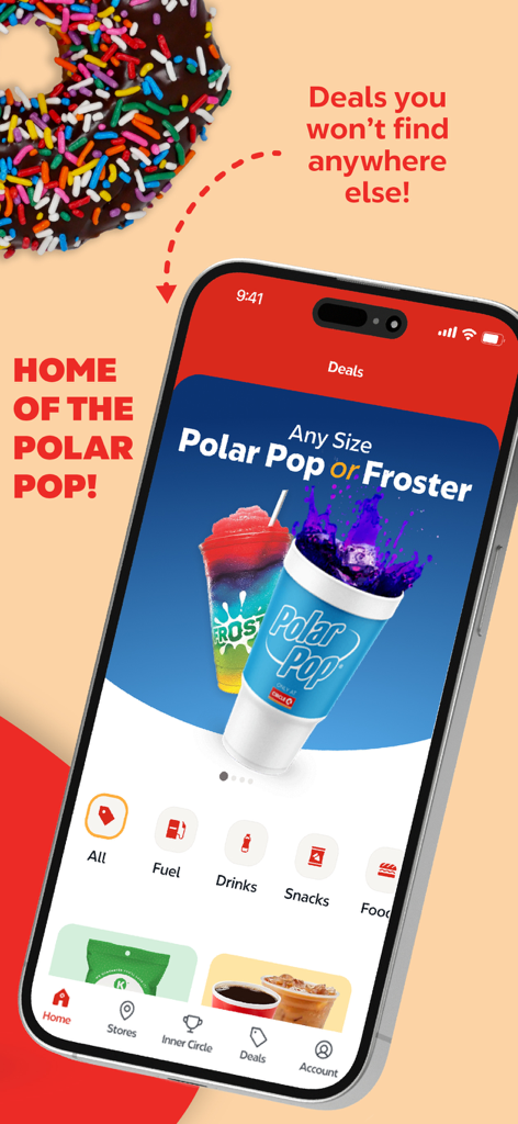 The Circle K mobile app interface showing exclusive deals for Polar Pop and Froster drinks