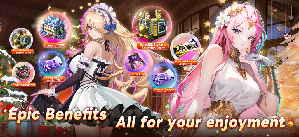 Apex Girls - Personnages d'anime Apex Girls présentant des récompenses en jeu comme des coffres SSR et des bons d'invocation