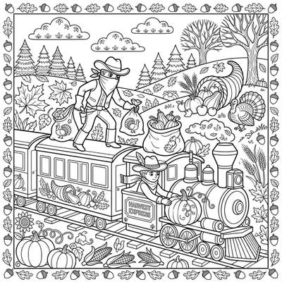 Get ready for a one-of-a-kind Thanksgiving adventure with our train robbers coloring page. This unique scene combines the thrill of a Western heist with the rich bounty of the autumn harvest, perfect for creative minds.