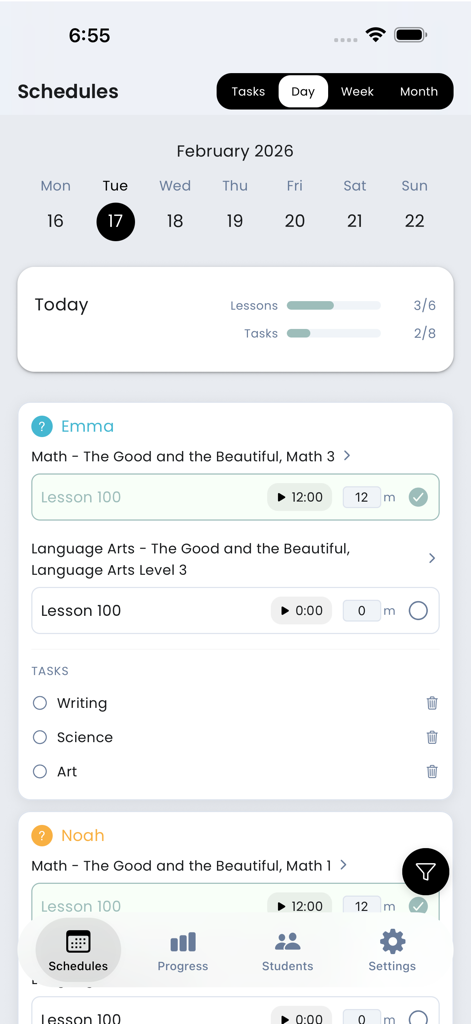 Homeschool Scheduler - Homeschool Scheduler mobile app screen displaying daily lesson plans and student task progress