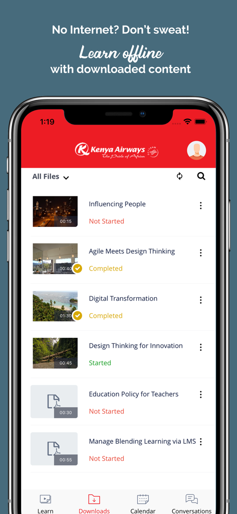 KQIlearn - Captura de pantalla móvil de la aplicación KQIlearn que muestra cursos descargados para formación sin conexión.