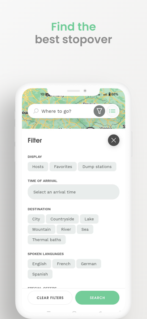 Agricamper Italia - Interfaccia di ricerca dell'app Agricamper Italia che mostra filtri per posizioni di sosta per camper per tipo di paesaggio e lingue parlate