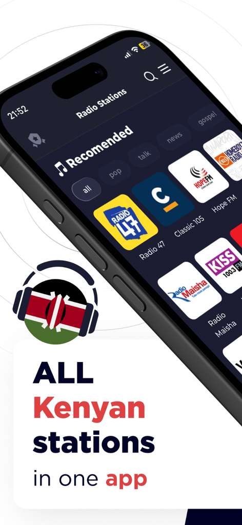 Radio Kenya FM AM Online Live - Tela do iPhone mostrando estações de rádio quenianas recomendadas no aplicativo Rádio Quênia