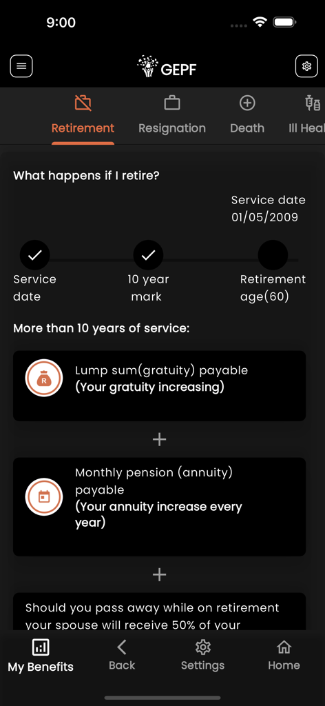 GEPF Self Service - GEPF Self Service app displaying retirement benefit details and service timeline