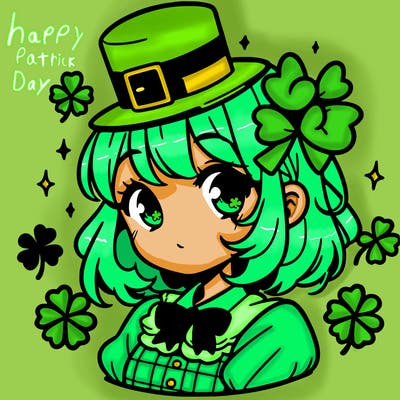 a manga-style girl with clovers around her, a little hat in her hair, like it's saint patrick's day