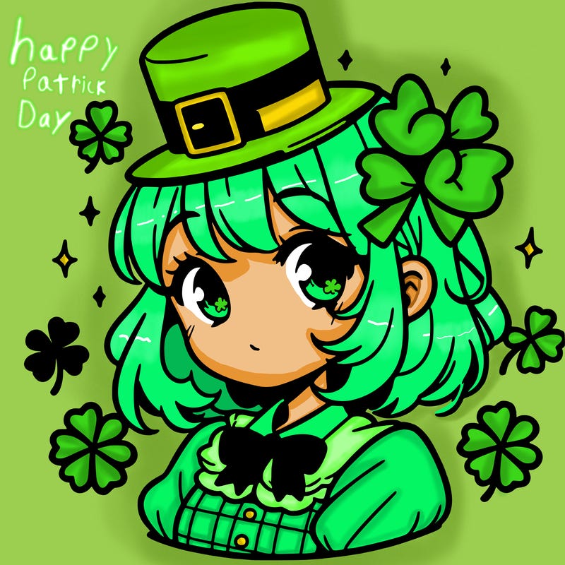 a manga-style girl with clovers around her, a little hat in her hair, like it's saint patrick's day