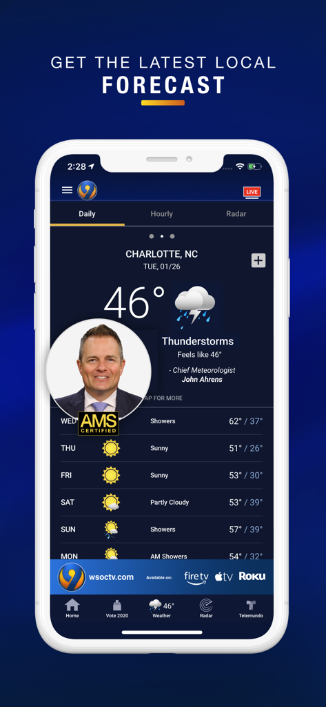 WSOC-TV News - WSOC-TV News app weather screen showing a local forecast for Charlotte, NC with chief meteorologist John Ahrens and a 5-day outlook.