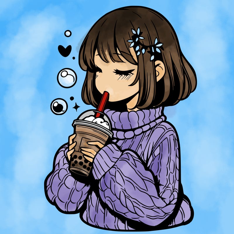 manga girl drinking boba in cozy sweater
