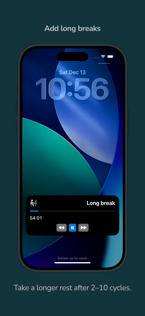 Standly | Standing desk timer - iPhone lock screen displaying a long break timer from the Standly app