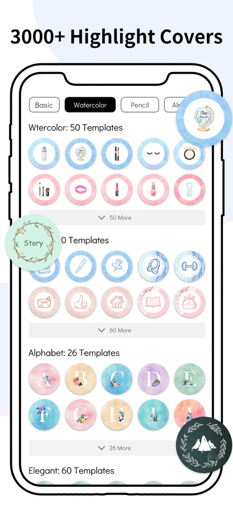 Story Art: Story & Reels Maker - Auswahl an ästhetischen Instagram-Story-Highlight-Cover-Vorlagen, einschließlich Aquarell- und Alphabet-Stilen