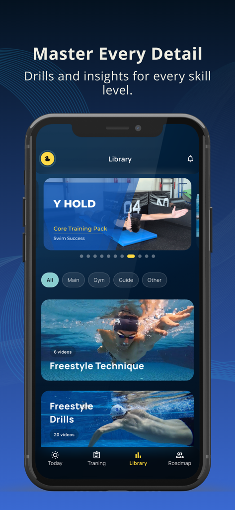 Swim Success: Swim Workout App - The Swim Success app library interface featuring freestyle technique videos and swimming drills