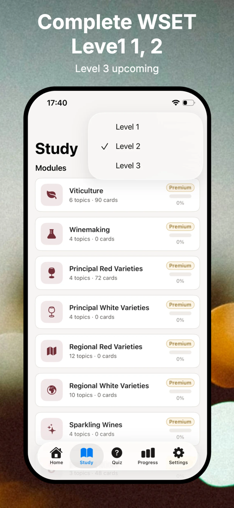 Interface of the VinoPrep app showing WSET study modules and level selection for wine exam preparation.