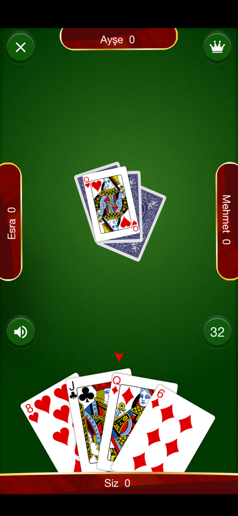 Pişti - İnternetsiz - Gameplay-Bildschirm des türkischen Kartenspiels Pişti, der einen grünen Tisch und vier Spieler zeigt