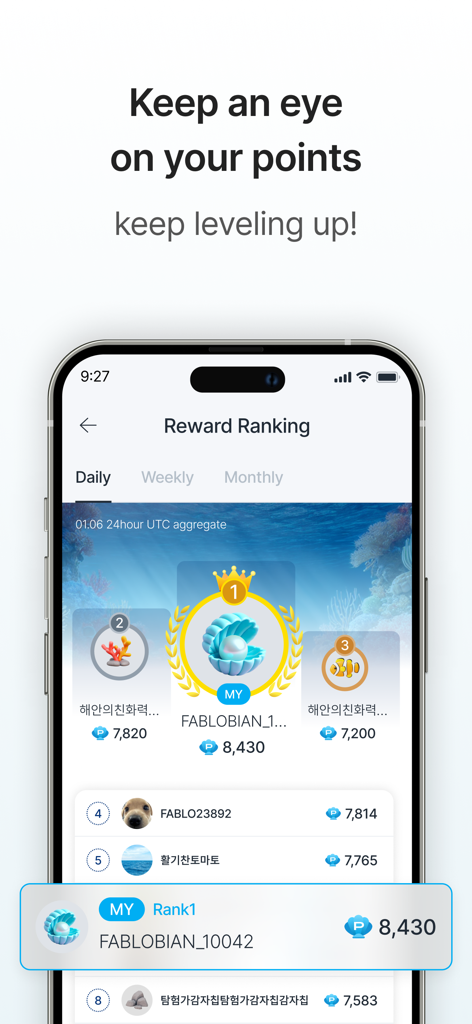 FABLO - Play, Earn & Level up - Reward ranking leaderboard screen in the Fablo app showing user points and daily rankings.