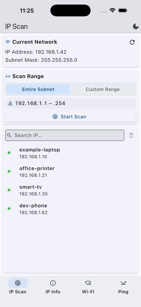 Advanced IP Scanner - Advanced IP Scanner app screen displaying a list of discovered network devices including a laptop, printer, and smart TV.