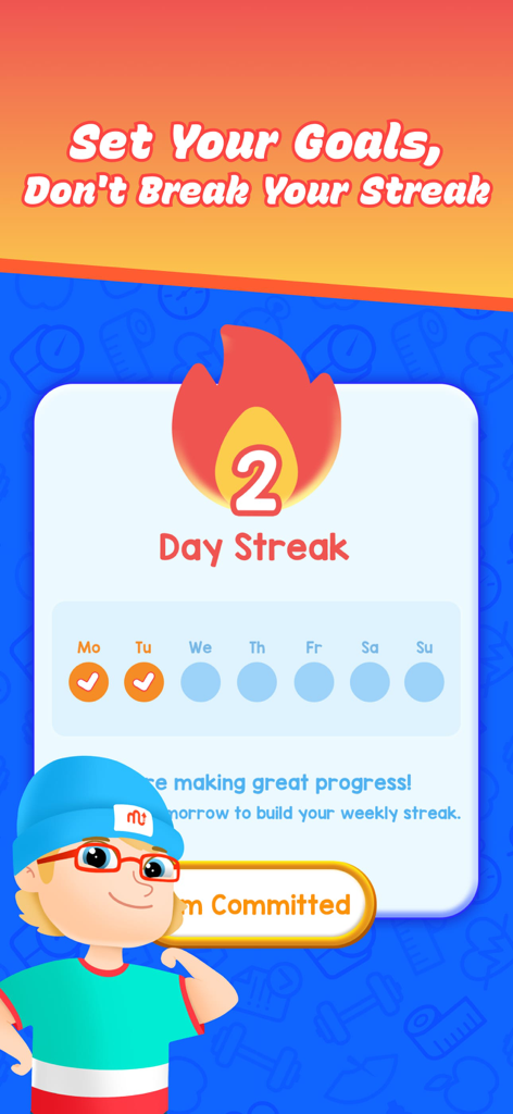 Kids Workout & Fitness - Interface of the Kids Workout and Fitness app showing a two day exercise streak tracker with a cartoon character