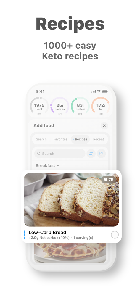 Interface of the Keto diet app showing 1000 plus easy keto recipes and low-carb bread macro details