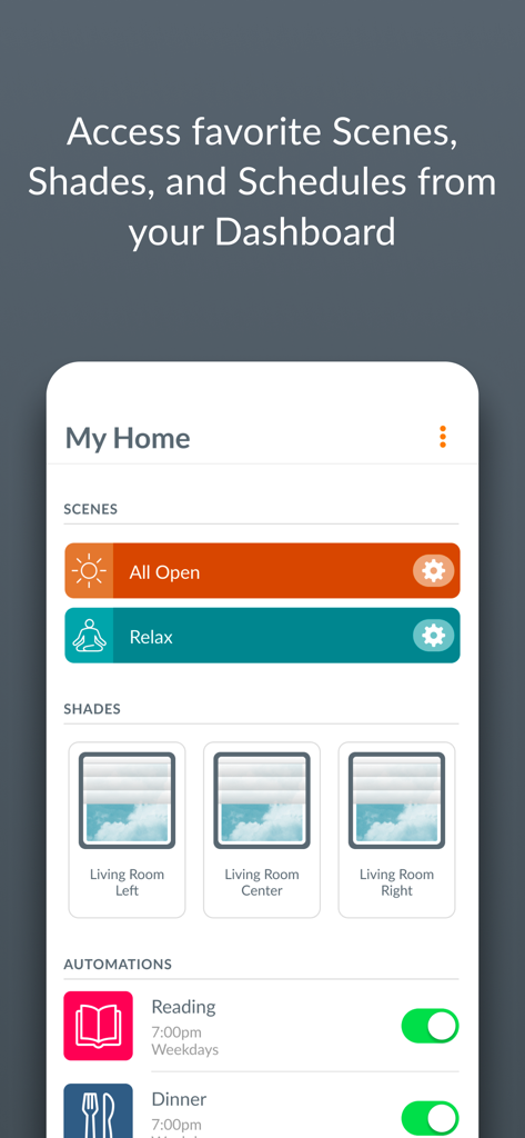 Tableau de bord de l'application PowerView affichant les scènes domotiques et les programmes automatisés des stores