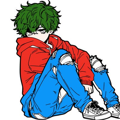 a male hoddie ripped jeans messy hair anime