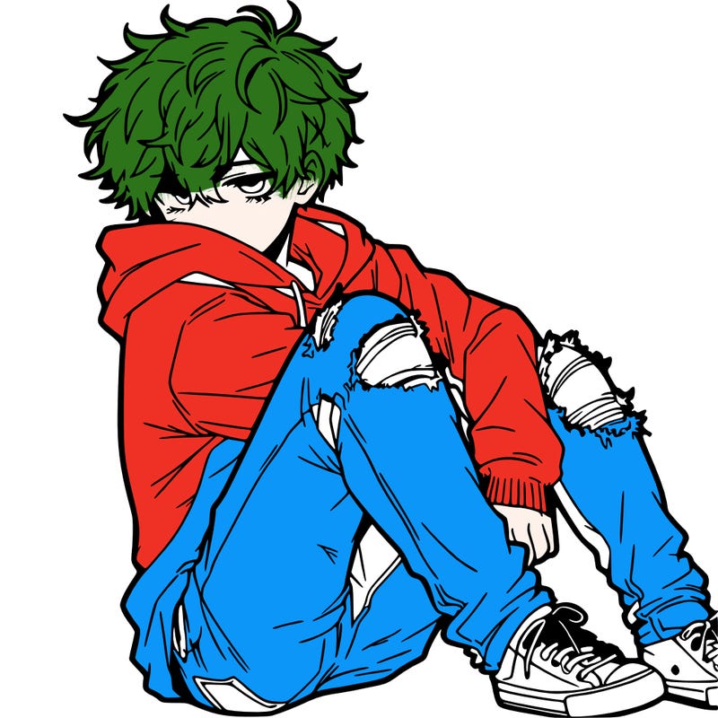 a male hoddie ripped jeans messy hair anime