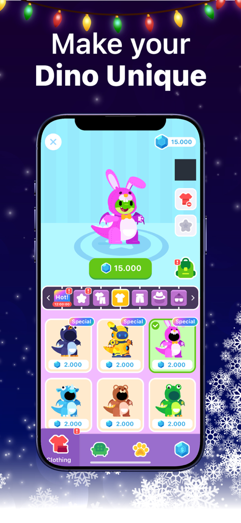 BRAIN101: Brain Training Games - Uma tela de celular do BRAIN101 mostrando diferentes roupas para um companheiro dinossauro, incluindo fantasias de coelho e robô.