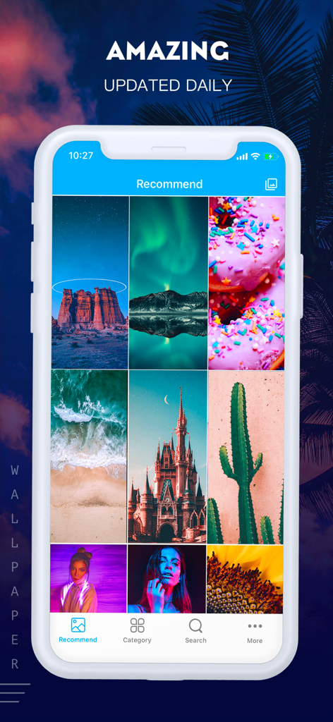 Wallhaven - Awesome Wallpapers - La pantalla de recomendaciones de la aplicación Wallhaven mostrando una variedad de fondos de pantalla HD de alta calidad en un diseño de cuadrícula.