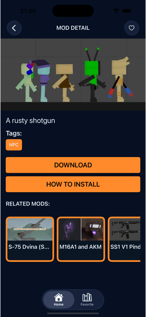 Interfaz que muestra detalles del mod de NPC con vistas previas de personajes y botones de descarga en la aplicación Mods para Fruit Playground.