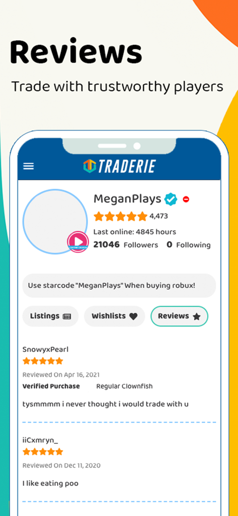 Interface do aplicativo Traderie exibindo um perfil de usuário com avaliações de cinco estrelas e comentários de outros jogadores