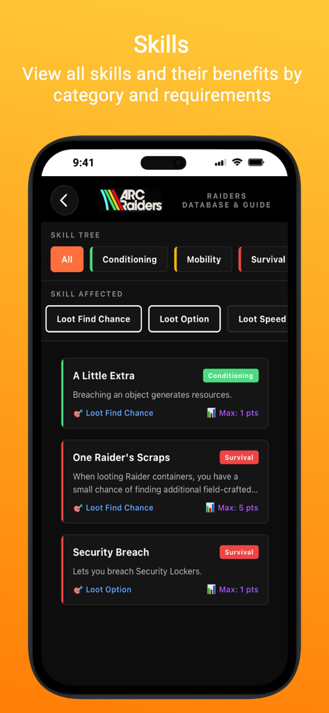 ARC Intel: A Raiders Database - Mobile app screen showing a list of character skills and skill tree categories for ARC Raiders.