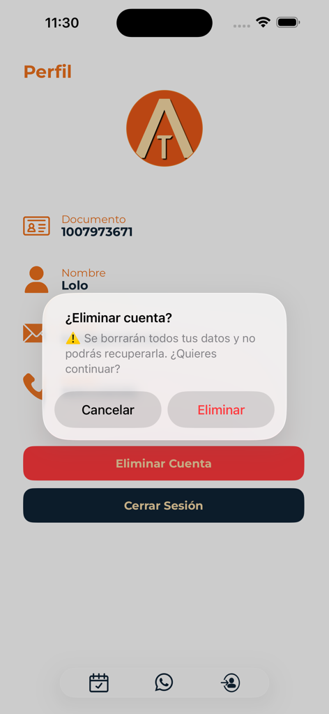 All Tickets App - Profile screen of the All Tickets app showing a delete account confirmation modal