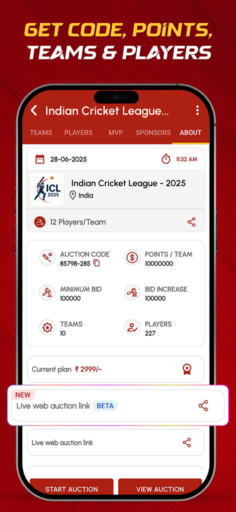 CricAuction - Cricket Auction - CricAuction app displaying tournament details like auction code points per team and bidding rules for the Indian Cricket League