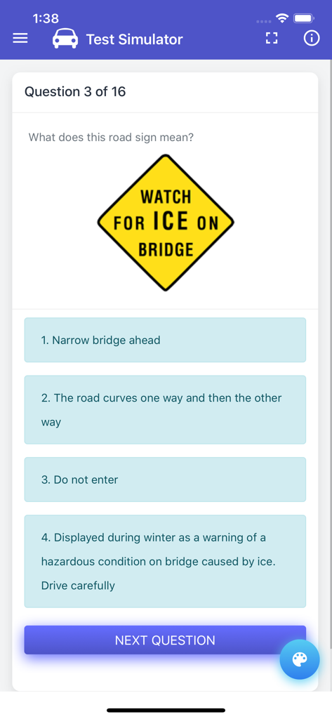 Indiana BMV Practice Exam - Practice test question in the Indiana BMV app featuring a road sign warning about ice on bridges