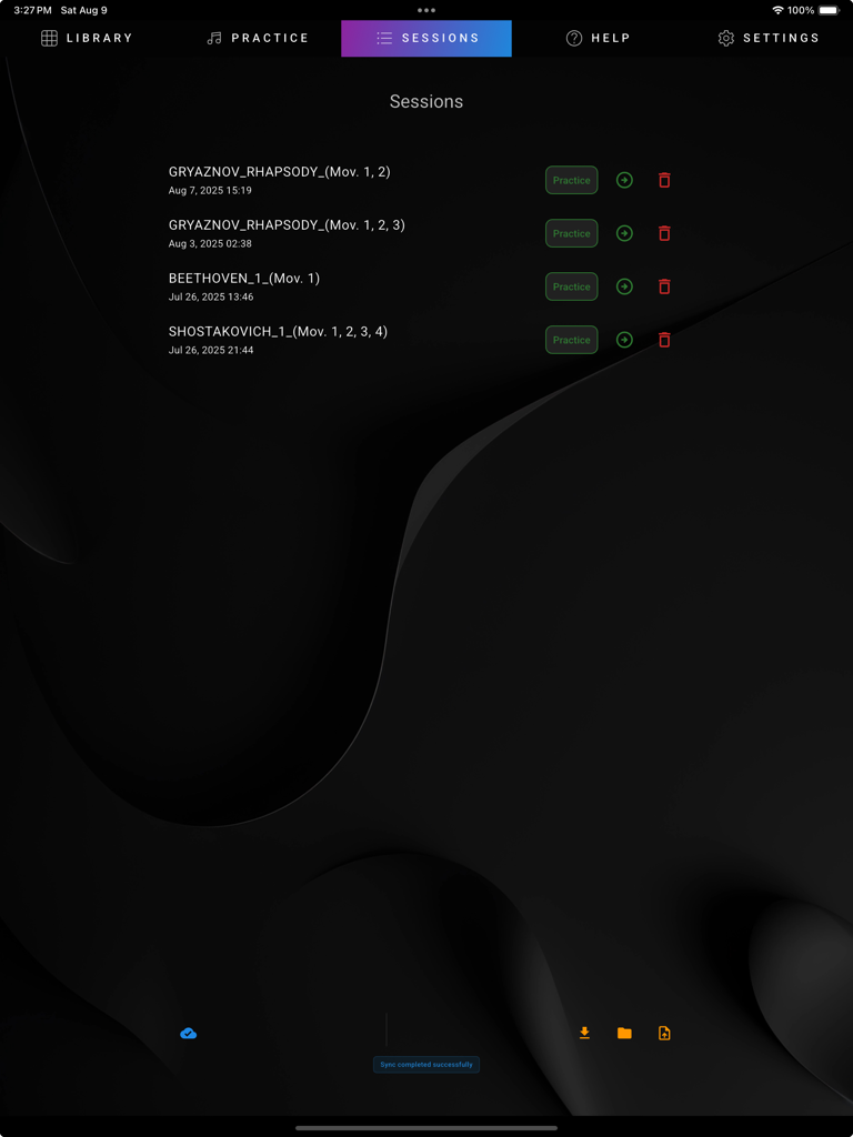 GPhil - GPhil app interface showing a list of orchestral practice sessions for classical musicians