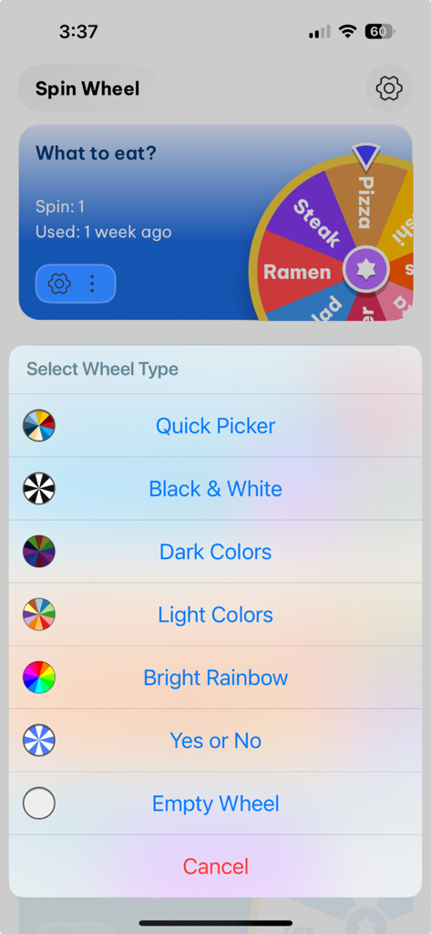 Decision - Spin Wheel - Selection menu for different spin wheel color themes and types in the decision making app.