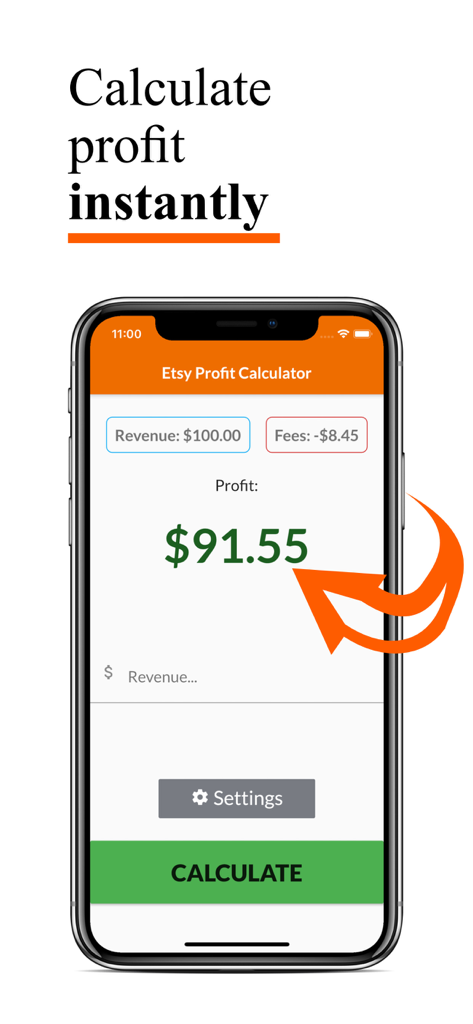 E-Profit Calculator - Interface of the E-Profit Calculator app showing a profit calculation of ninety one dollars and fifty five cents after fees