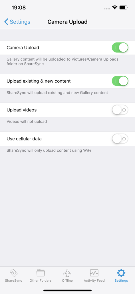 Camera upload settings screen in the ShareSync app showing options for automated photo and video backup.