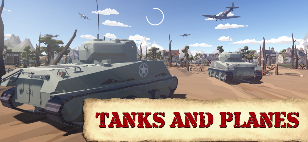 World War II Polygon Army - Tanques y aviones de baja poligonización en una escena de campo de batalla de la Segunda Guerra Mundial