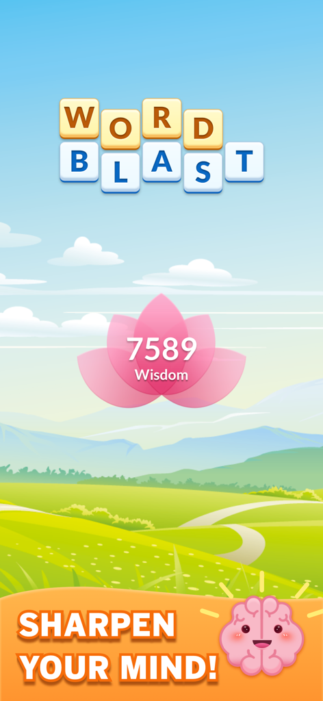 Word Blast: Search Puzzle Game - 고요한 풍경 배경 위에 지혜 포인트와 두뇌를 날카롭게 하라는 태그라인을 보여주는 Word Blast 퍼즐 게임 인터페이스.