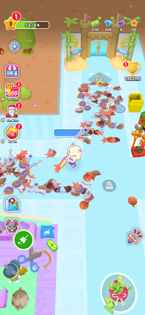 Purrfect Cat Club: Pet Salon - Un personaje gato blanco usando una aspiradora para limpiar el suelo desordenado de un salón en Purrfect Cat Club