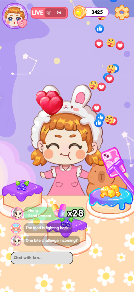 Cakeland: Mukbang ASMR - 귀여운 토끼 모자를 쓴 캐릭터가 케이크와 카피바라와 함께 먹방 라이브 방송을 진행하는 모습