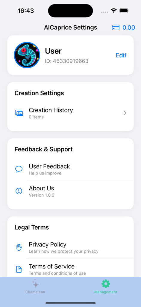 User settings screen for the AICaprice app showing account information creation history and legal terms