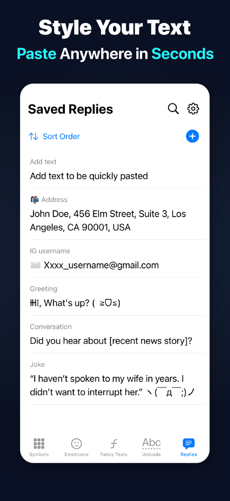 All Symbol Keyboard Fonts Art - Smartphone interface showing the Saved Replies feature of the All Symbol Keyboard app with text templates and symbols.