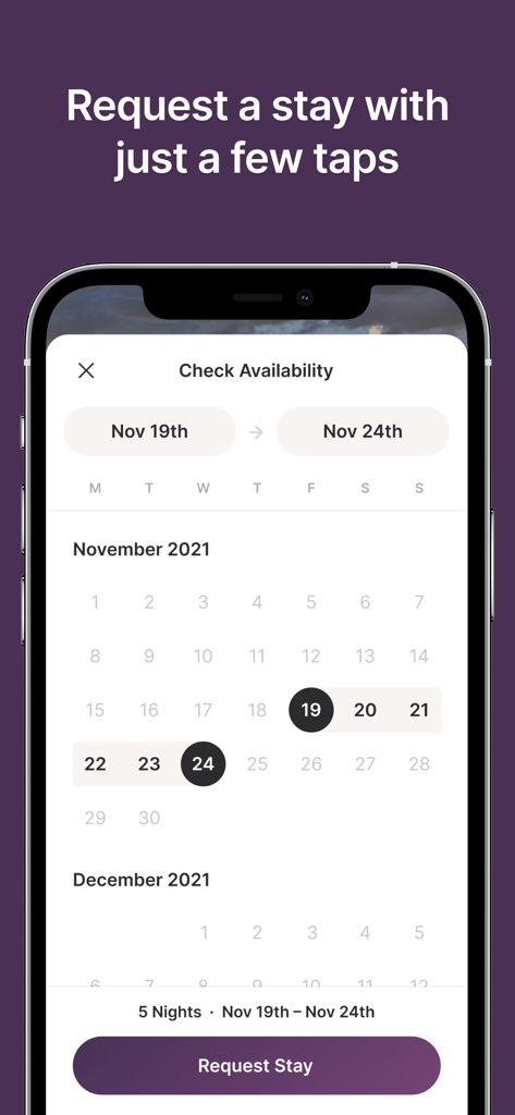 Harvest Hosts app interface for selecting dates and requesting an RV stay on a calendar